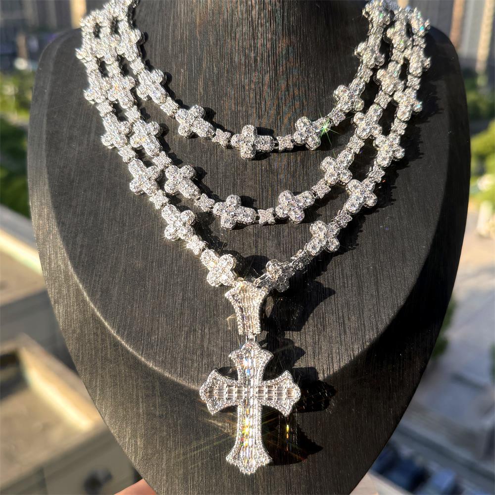 Hip Hop TopBling T Zircon Cross Pendant Necklace with Cross Tennis Chain Jewelry