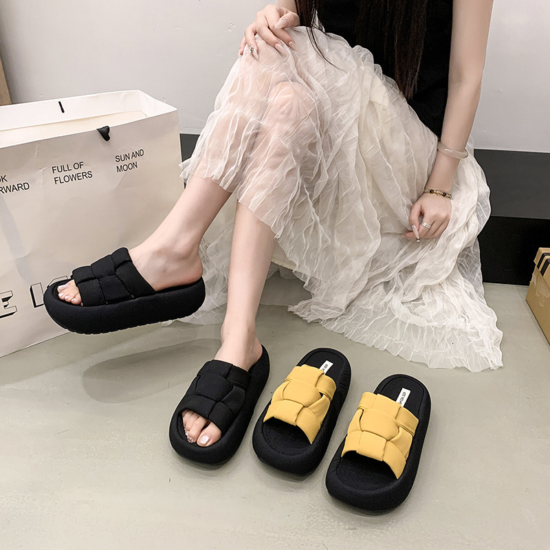 Ddmysports Thick Woven Slippers For Women Outdoor Wear Summer New Flat One Word Casual Soft Sole Versatile Sandals Outdoor Shoes