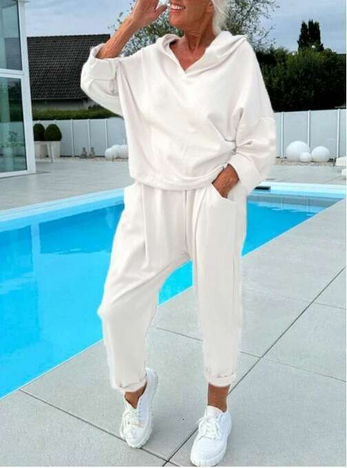 European American Autumn Women's Solid Color Hooded Sweatshirt Two-Piece Set 2025 New Elegant and Unique Fashion