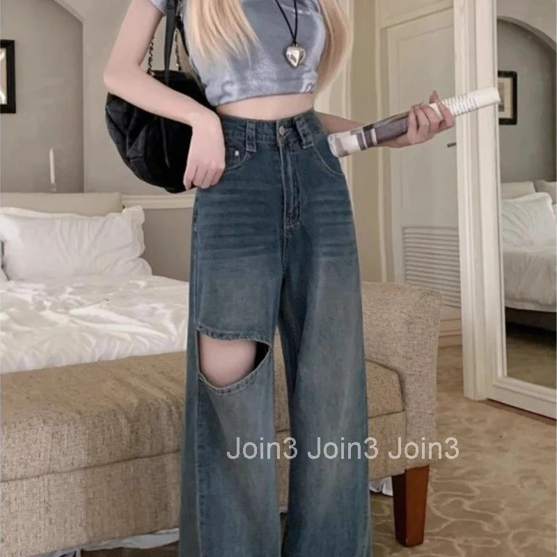 With Holes Womens Jeans Wide Leg Female Cowboy Pants on Sale Clothes Harajuku Fashion 90s Shiny Teenagers Vibrant Cool Trousers