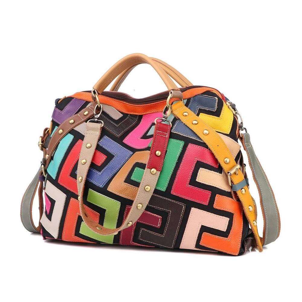 Leather geometric pattern multi-color color patchwork riveted handbag shoulder crossbody bag for women
