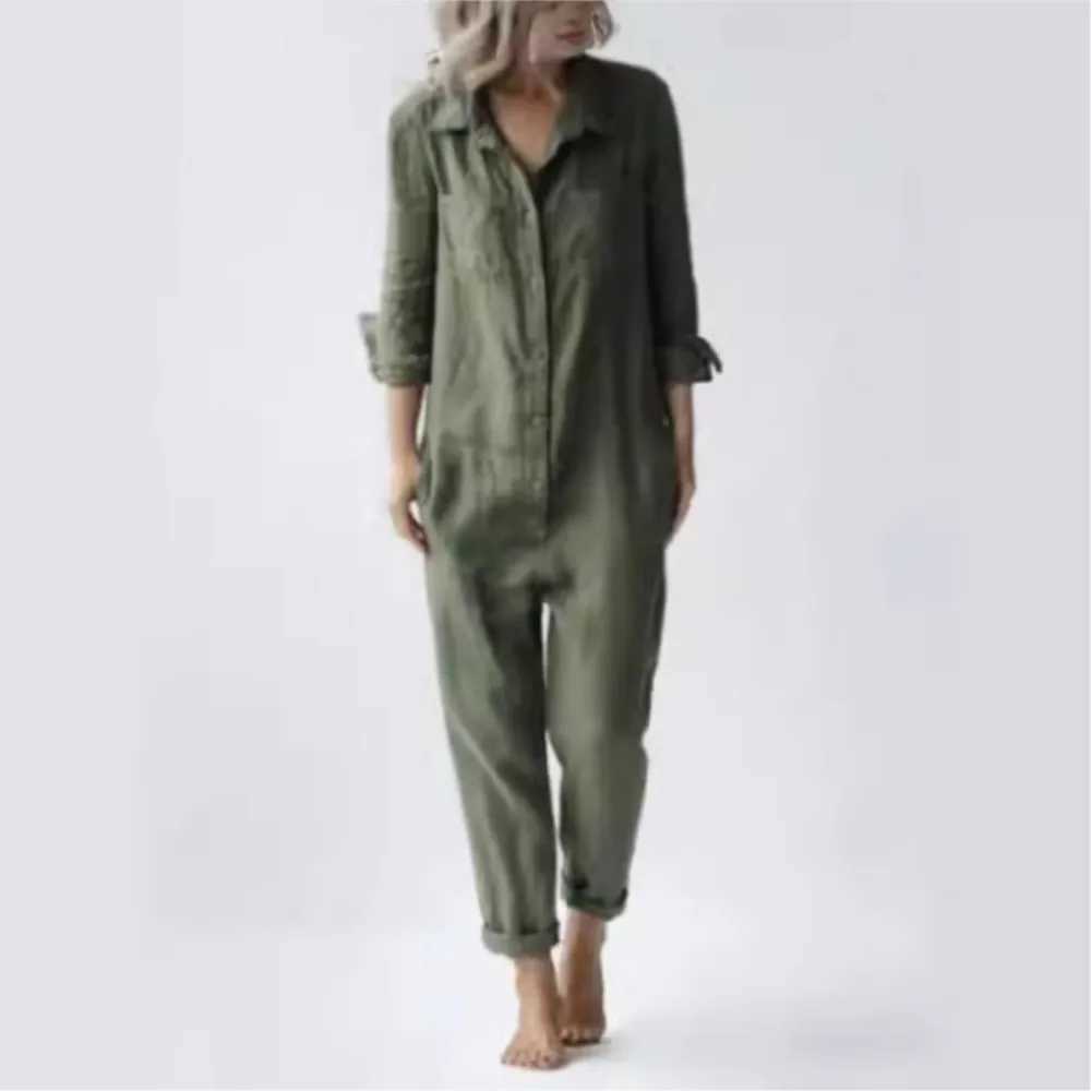 Fashion Cotton Linen Long Sve Pocket Jumpsuit WomenS Autumn Casual Loose Solid Color Shirt Jumpsuit Fe Military RompersXJ250616