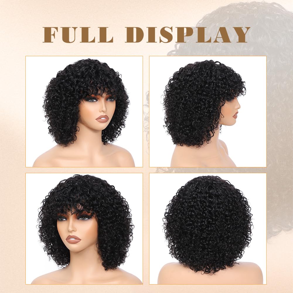 human wigs 200% density short kinky curly wave wig with bangs for black women 100% brazilian virgin human hair wigs machine made glueless wig natral b