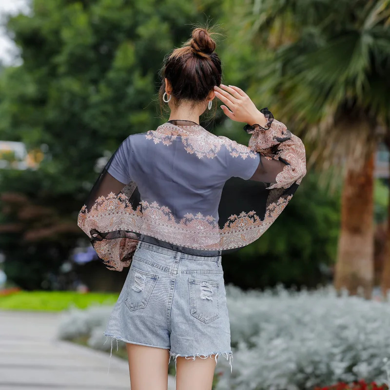 Women Summer Sun Protection Beach Shawl Print Flower Chiffon Sunscreen Riding Arm Shade Scarf Outdoor Cycling Driving Sleeve 250610