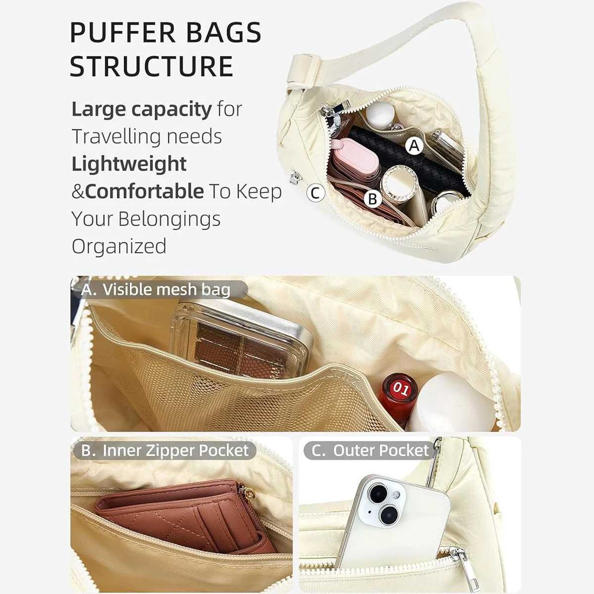 Womens Crescent Nylon Bag Adjustable Strap Shoulder Bag Fluffy Underarm Bag Suitable for Daily Use Work Travel XJ2520616