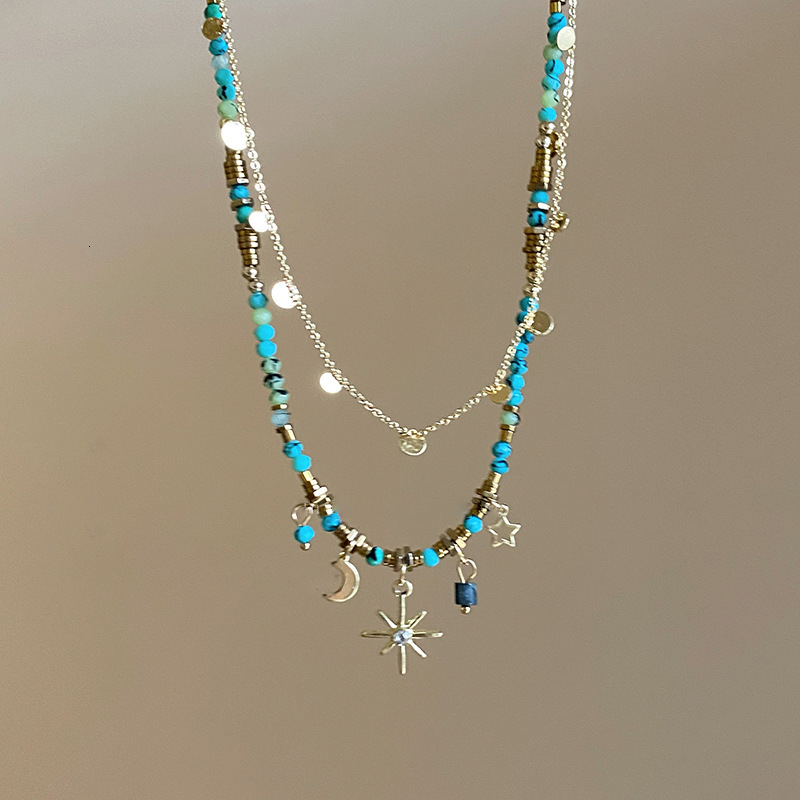 Fashion Bohemian Dia-Studded Sun and Moon Double Layer Stacked Unique Design Titanium Steel Necklace