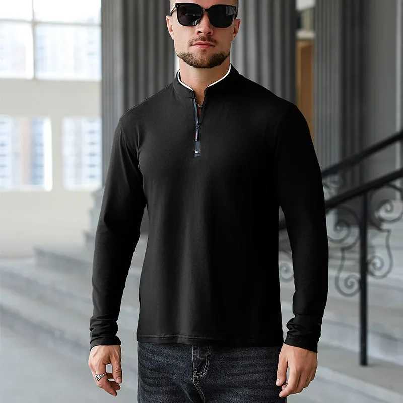 2025 New Mens Casual Fashion Zipper Solid Color Long Sleeve Polo Shirt Stand Up Collar Versatile Comfortable Top W250616