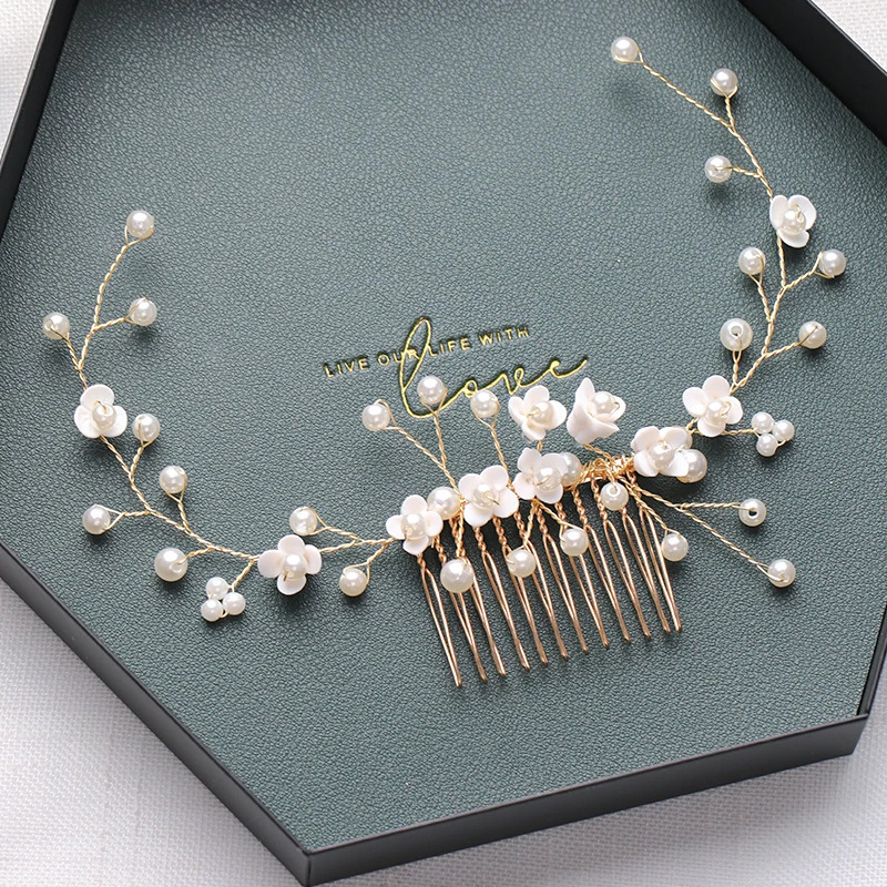 Gold Tiara Hair Combs Pearls Hair Accessories For Party Handmade Women Headbands Hair Ornaments Fashion Jewelry 250610