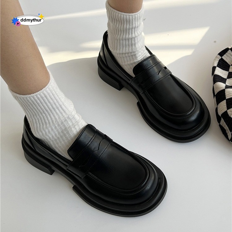 Women's Leather 2024 Spring New British Style Black Thick-Soled Loafers JK Uniform Single Shoes ddmythur