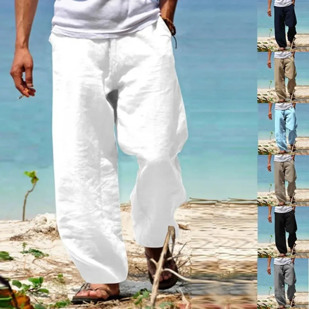 Mens Beach Pants Breathable Loose Straight Trousers Male Summer Casual Solid Color Japanese Streetwear 250614