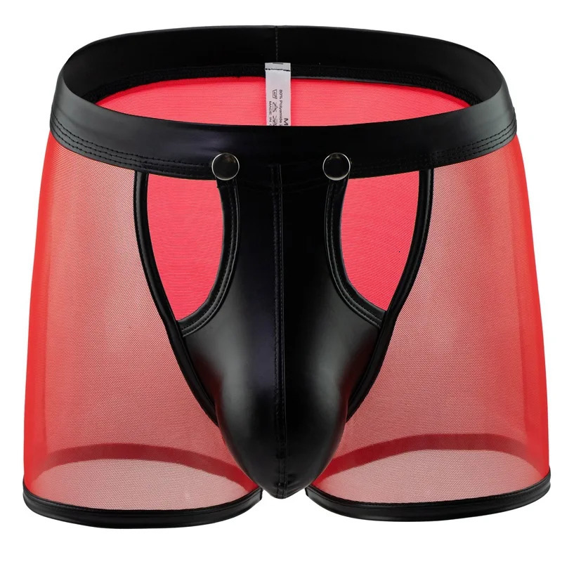 Mens Boxers Shorts Transparent Mesh Underwear Man Panties Faux Leather Detachable Buckle Pouch Underpants Cueca Calzoncillo 250614