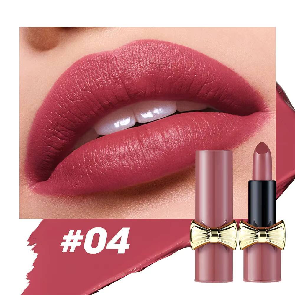 Bowknot Matte Velvet Nude Lipstick Brightly Coloured Tint Balm Non-stick Cup Smooth Sexy Red Pink Lip Glaze Makeup happy