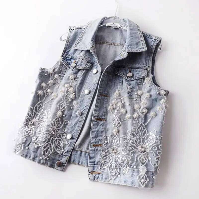 New Fashion Beaded Denim Vest For Women Haruku Trendy Vintage Short Sleeveless Ripped Jean Jackets Coat