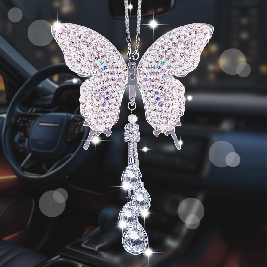 Fashion shiny diamond butterfly gemstone car pendant sequin butterfly rear view mirror decoration charm girls new car birthday graduation souvenir gif