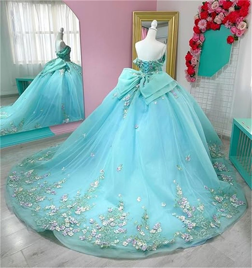 Ball Gown Quinceanera Dresses Off the Shoulder Appliques Big Bow Lace-up Sweetheart Tulle Plus Size Sweet 15 16 Princess Birthday Party Gowns Vestidos