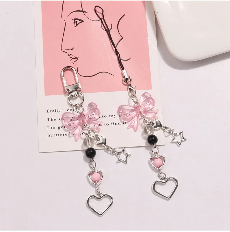 Goth Y2K Phone Charm Bow Heart Star Keychain Pendant Kawaii Key Chain Bag Cute Accessory For Girl Jewelry 250606