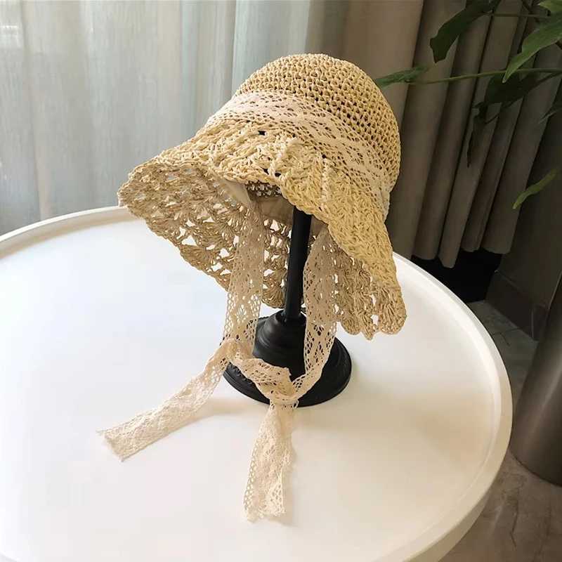 New Arrival Womens Summer Crochet Straw Bucket Hat - Hollow Out Lace-Up Design UV Protection Foldable Sun Cap for Beach Outdoor Fashion U250616