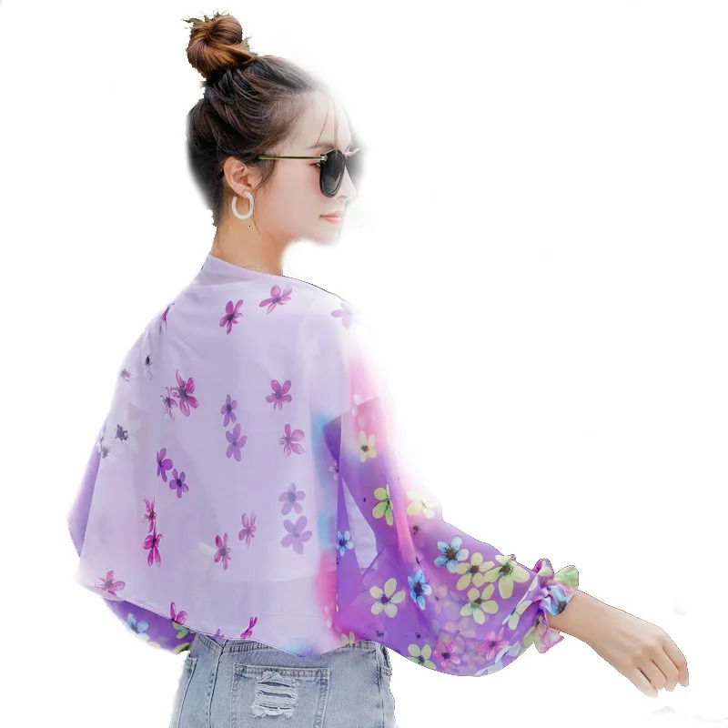Women Summer Sun Protection Beach Shawl Print Flower Chiffon Sunscreen Riding Arm Shade Scarf Outdoor Cycling Driving Sleeve 250610