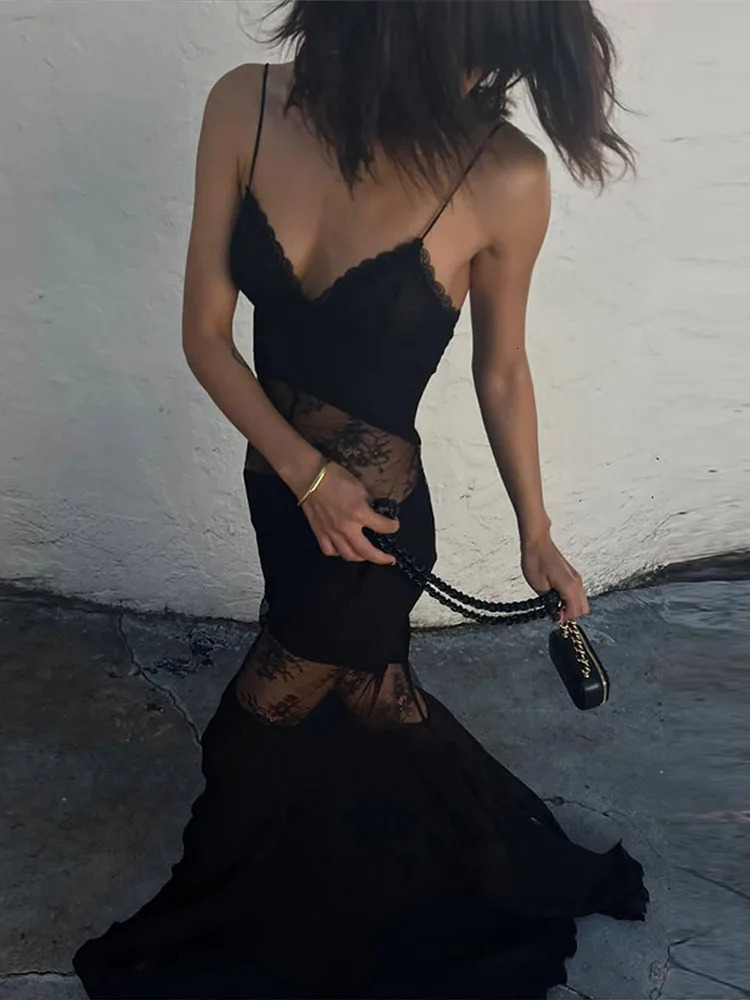 Sexy Lace Vneck Sling Long Dress Women Retro Black Perspective Sleeveless Patchwork Maxi Dresses Female Chic Street Party 250611