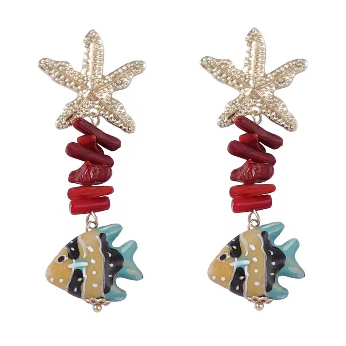 Alloy Sea Star Conch Colored Fish Long Earrings 250610