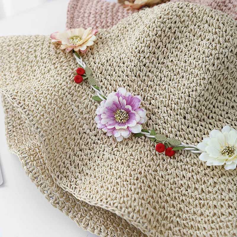 New Arrival Summer Hats For Women Flower Rope Wide Brim Sun Hat Lady Foldable Sunhat Sunscreen Beach Accessories Seaside Holiday New U250616