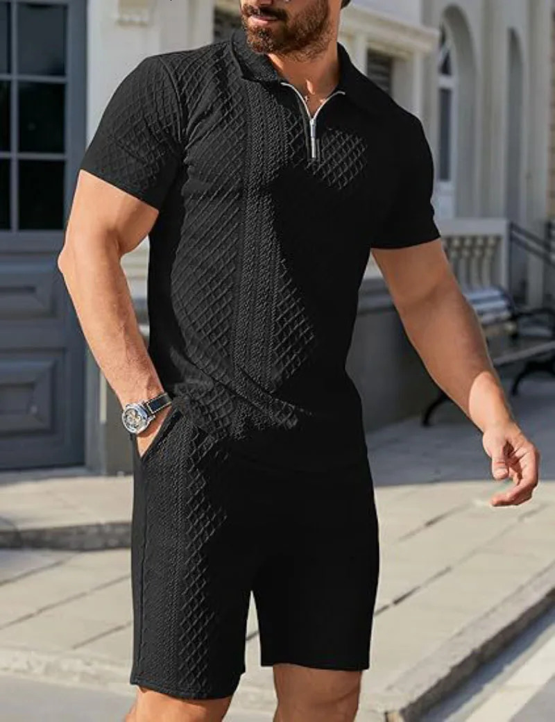 Hawaiian Casual Suit Mens Jacquard Shorts And Lapel Polo Shirt Twopiece Set Breathable Comfortable 250612