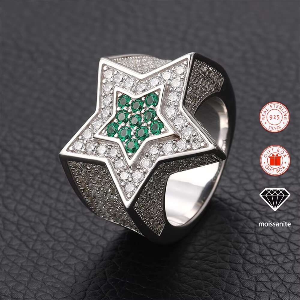 Sapphire Star Pentagram Moissanite Ring for Men 18K Gold-Plated S925 Sterling Silver Hiphop Style Rings