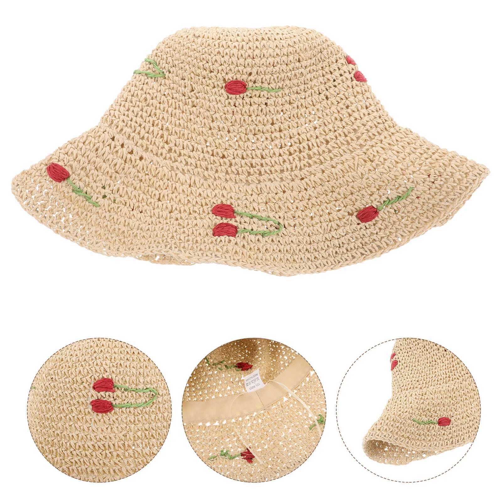 Straw Sun for Women Beach Vacation Wide Brim Bucket Hat Beige Woven Cherry Summer Fashion Comfortable Breathable Sun M250616