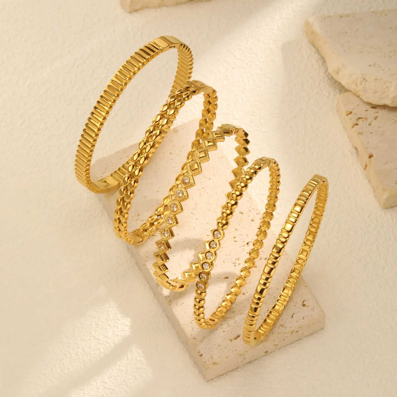 Vnox Romantic Zircon Cuff For Women Geometric Fashion Lady Jewelry Stainless Steel Bangles Party Gold Color Never Fade Z250616