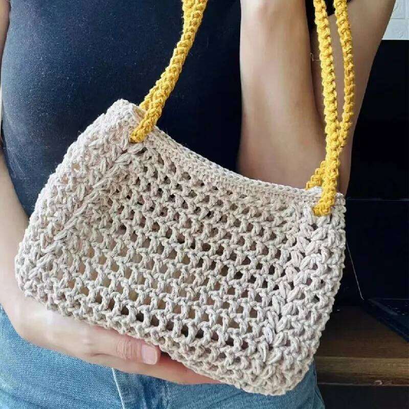 Hollow out Women's Shoulder Handmade Hook Weave Leisure Shopping Large Capacity Beach Summer Cool Checker Bag