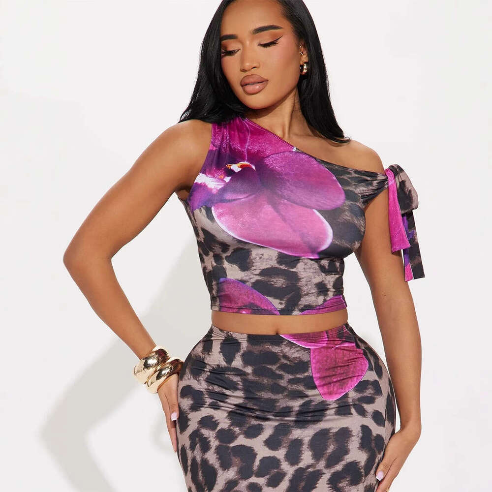 New Fashion Slim Fit Elegant Printed Asymmetric Neck Tie Short Top Bodycon Long Skirt Set B5