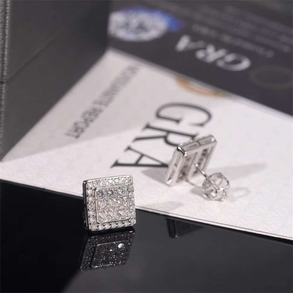 DE Hip Hop Iced Out Moissanite Earring 925 Sterling Silver Chic Square Moissanite Earrings Hip Hop Moissanite Earring Women Men
