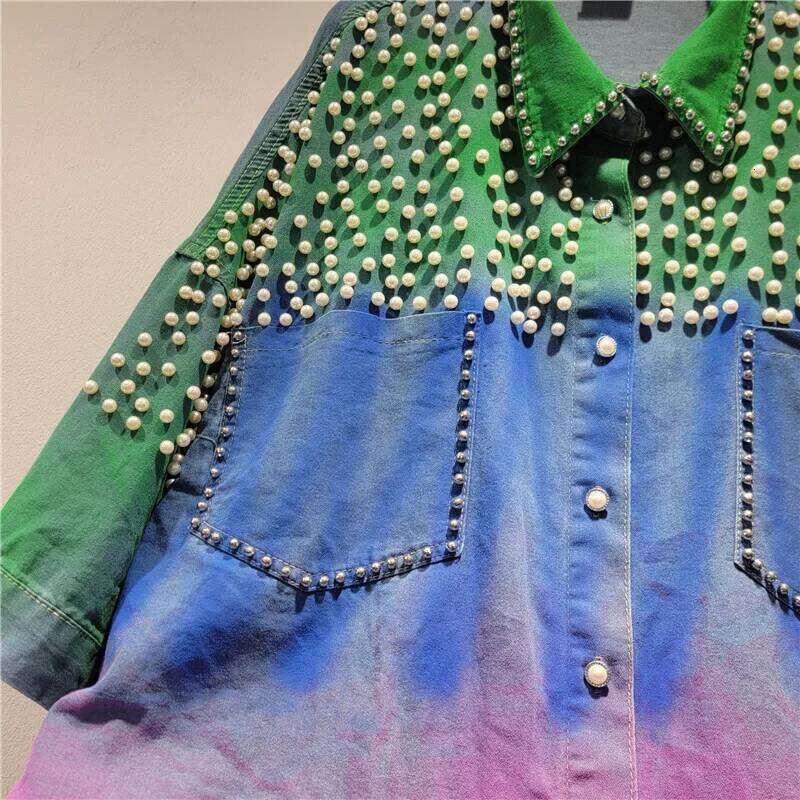 DEAT Women's 2 Piece Set Loose Pearls Gradient Tie-dye Coat Elastic Waist Denim Short Pants 2025 Summer New Fashion 29A1733
