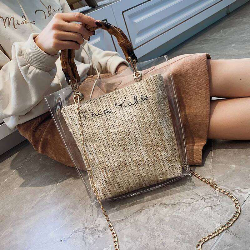 Slub Handle Transparent Bags For Women Summer Travel Shoulder Simple Crossbody Handbags Lady Beach Hand Bag