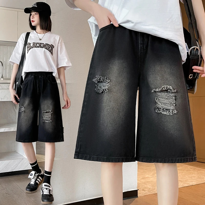 M-6XL Plus Size Denim Shorts For Women Summer High Waist Black Hole Ripped Half Pants Women Black Bermuda Shorts 250609