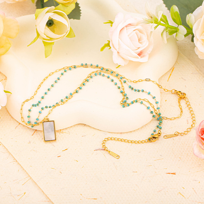 Light High-End White Mother-of-Pearl Rectangular Double Layer Stacked for Women, Unique Versatile Titanium Steel Necklace