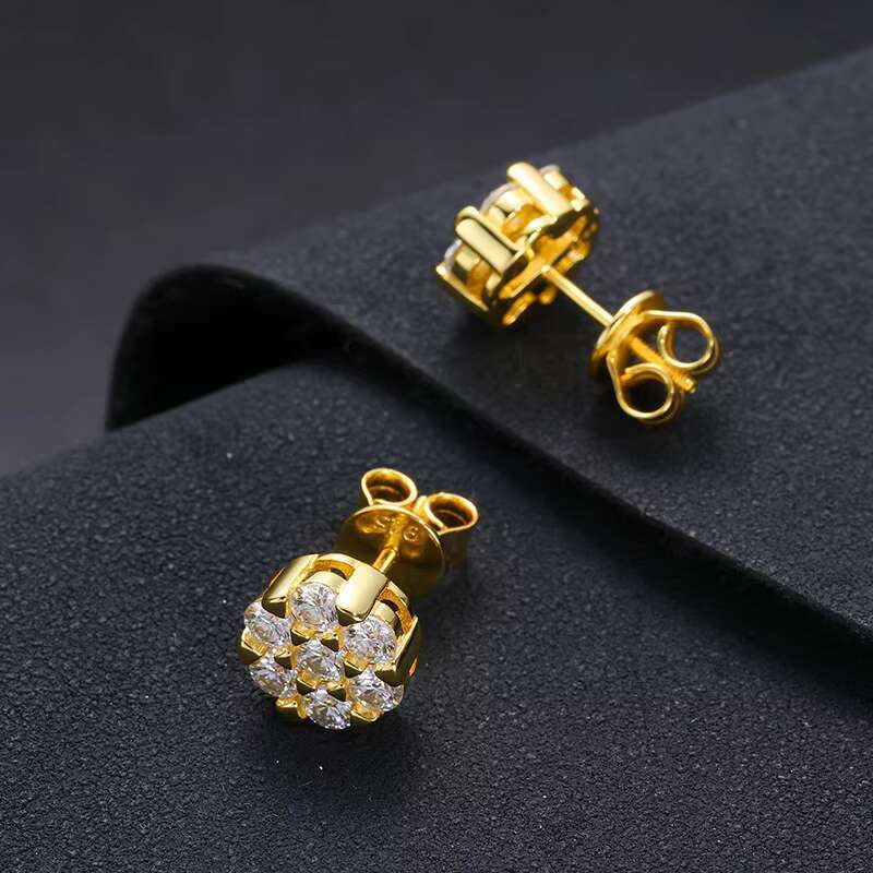Men Hip Hop 18K Gold 925 Sterling Silver Screw Back GRA Certified Pass Diamond Tester 3mm VVS Moissanite Cluster Stud Earrings