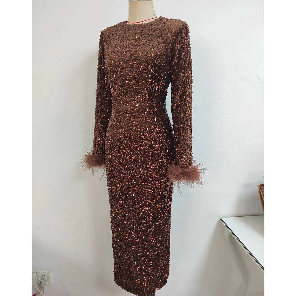 Women's Elegant Celebrity Sequin Cuff Feather Retro Slim Long-Sleeve Long Fashion Evening Party Dress