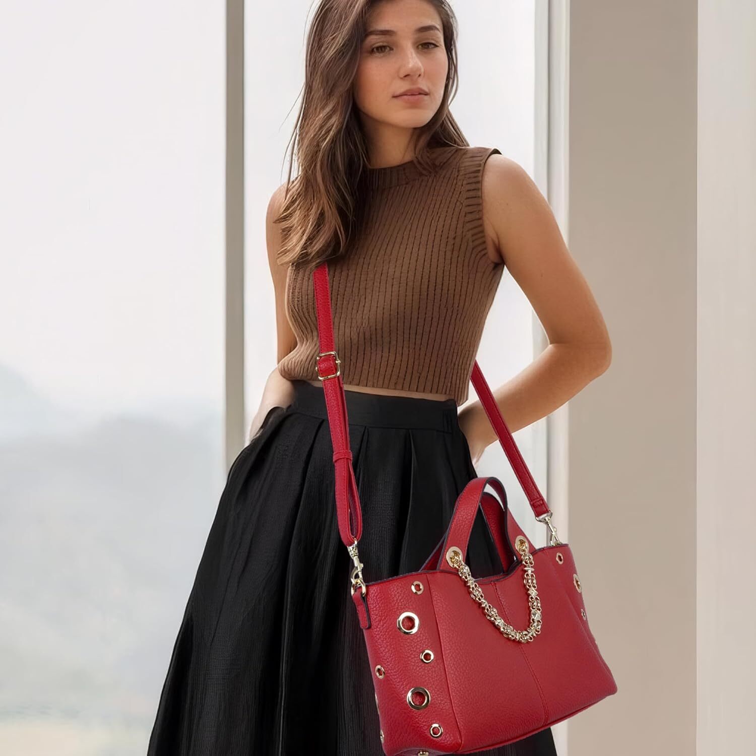 Leather Tote Bag for Women Work Travel Casual Shoulder Crossbody Bags with Strap