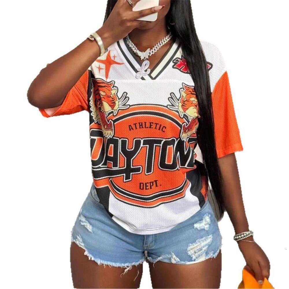 New Fashion Trend Street Print Loose Casual Sports Style Short Sleeve V-Neck Color Block Top T-Shirt B5