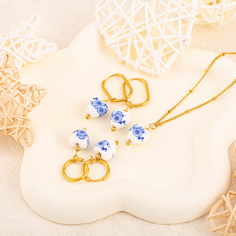 New Fashion Personality Light Blue White Porcelain Necklace and Earrings for Women, Titanium Steel Ceramic Design Jewelry Set