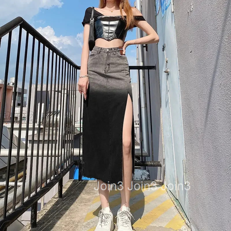High Waist Jeans Skirts for Women With Slit Vintage A Line Aesthetic Clothing Sales Modest Korean Fashion Y2k Woman Denim Skirt