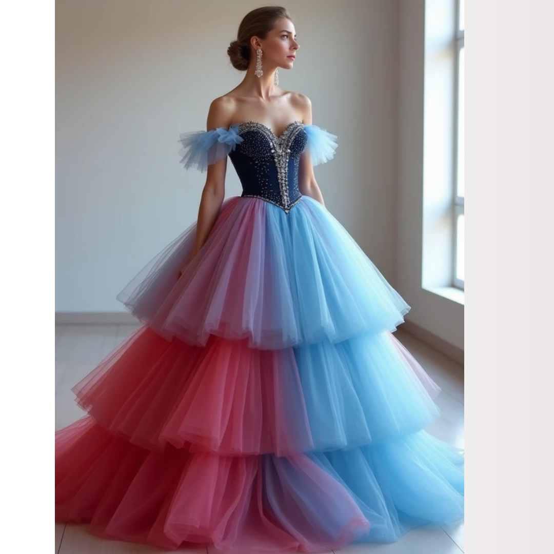 Off-Shoulder Colorful Prom Dresses Sky Blue With Watermelon Tulle Puff Tiered Party Gown Crystal Beaded Sweetheart Birthday Dress Back Lace-Up