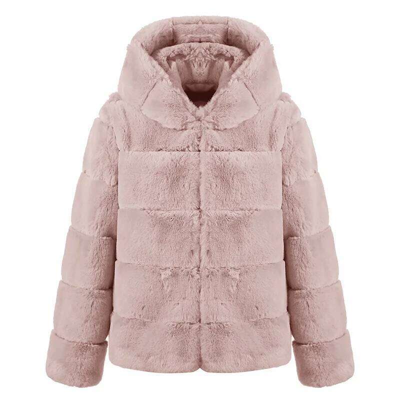 2025 Winter Plus Size Faux Fur Cropped Coat Hooded Long Sleeve Fluffy Jacket Lady Large Thick Warm Furry Cardigan Outwear