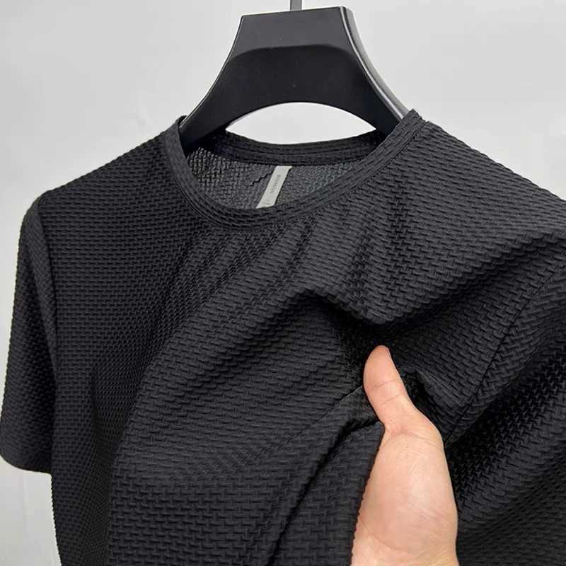 Ice silk bamboo mesh T-shirt mens short sleeved round neck high-end summer thin solid color basic youth fashion polo shirt W250616