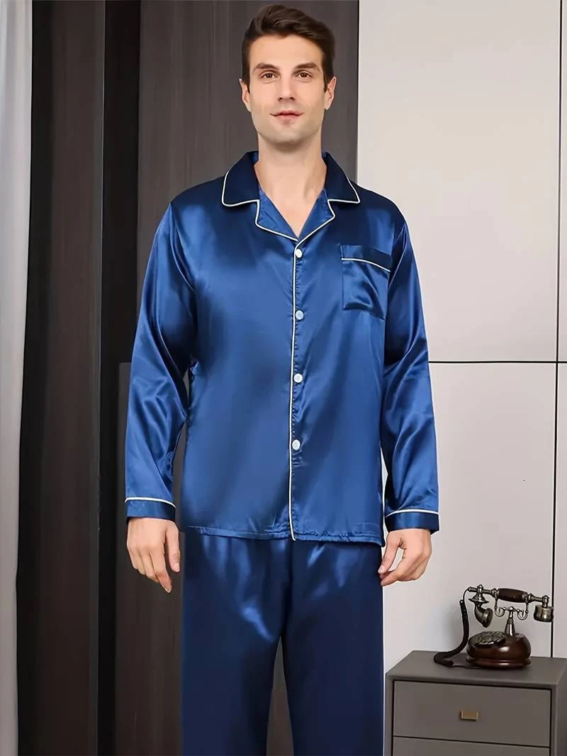 Mens Cozy Solid Pajama Set Short Sleeve Front Buttons Lapel Top And Pants Smooth Shiny Texture For Summer Sleepwear Loungewear 250614