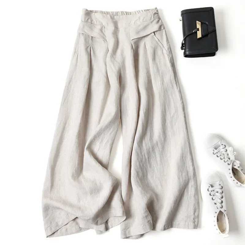 Cotton Linen Ankle Length Pants for Women Summer Thin Casual Pants Fashion High Waist Solid All Match Loose Wide Leg TrousersXJ250616
