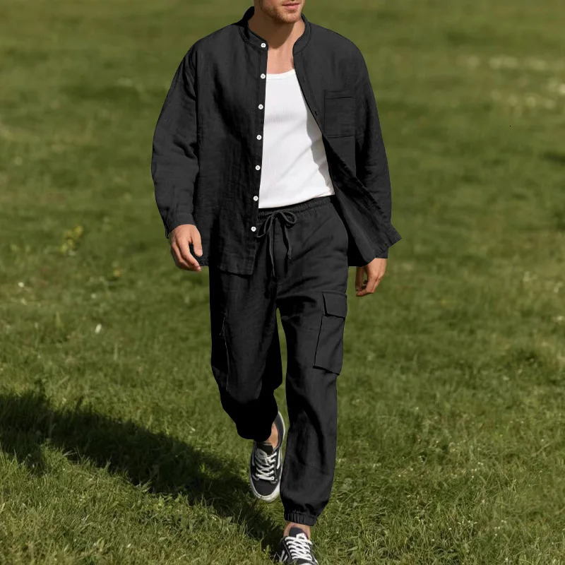 Spring and Summer Mens Linen Button Long Sleeved Shirt Pants Set Fashionable Casual Breathable Quick Drying 2Pie 250612