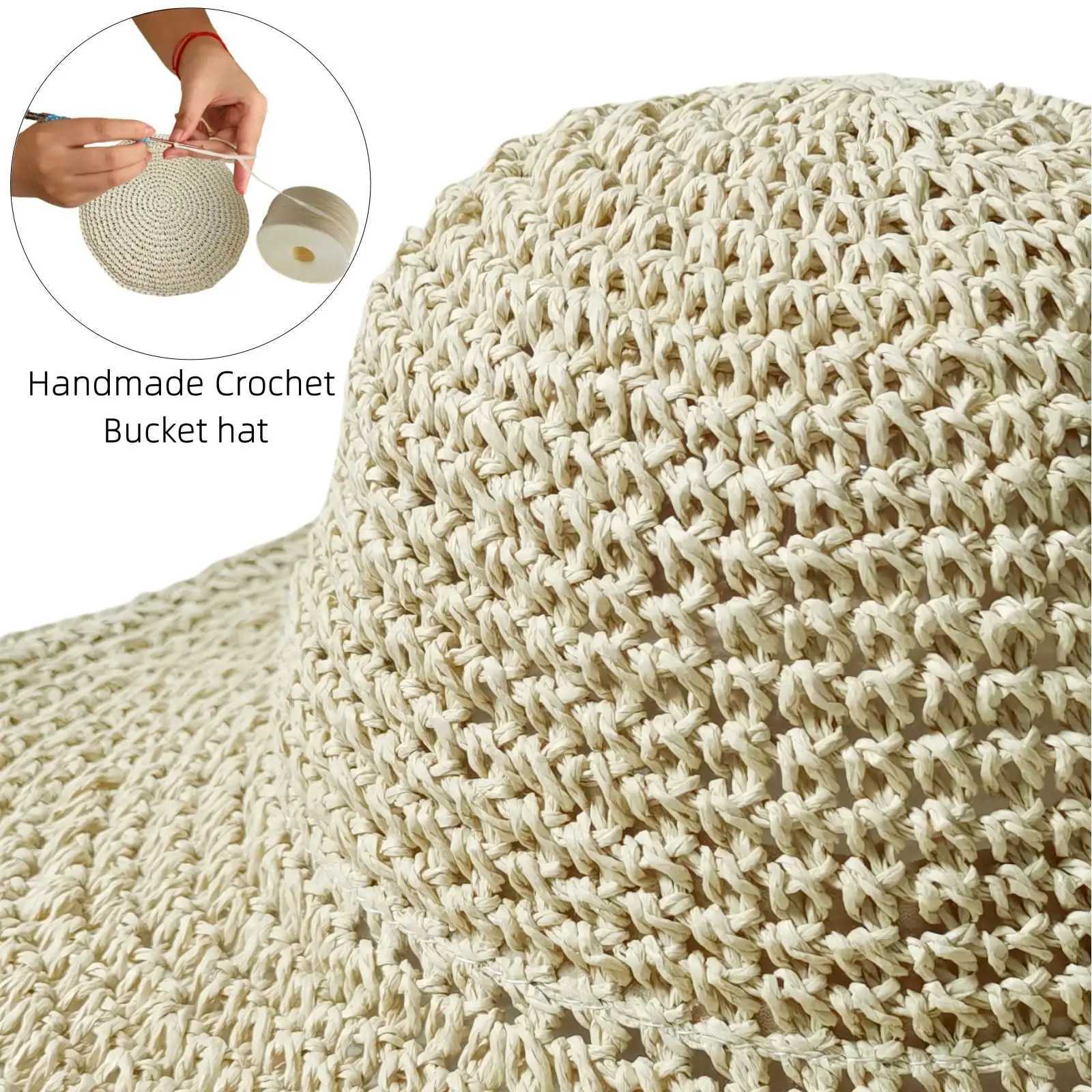 Summer UV-Protect Crochet Straw Bucket Hat for Women Beach Fashionable Breathable Outdoor Sunshade Cap Foldable Visors M250616