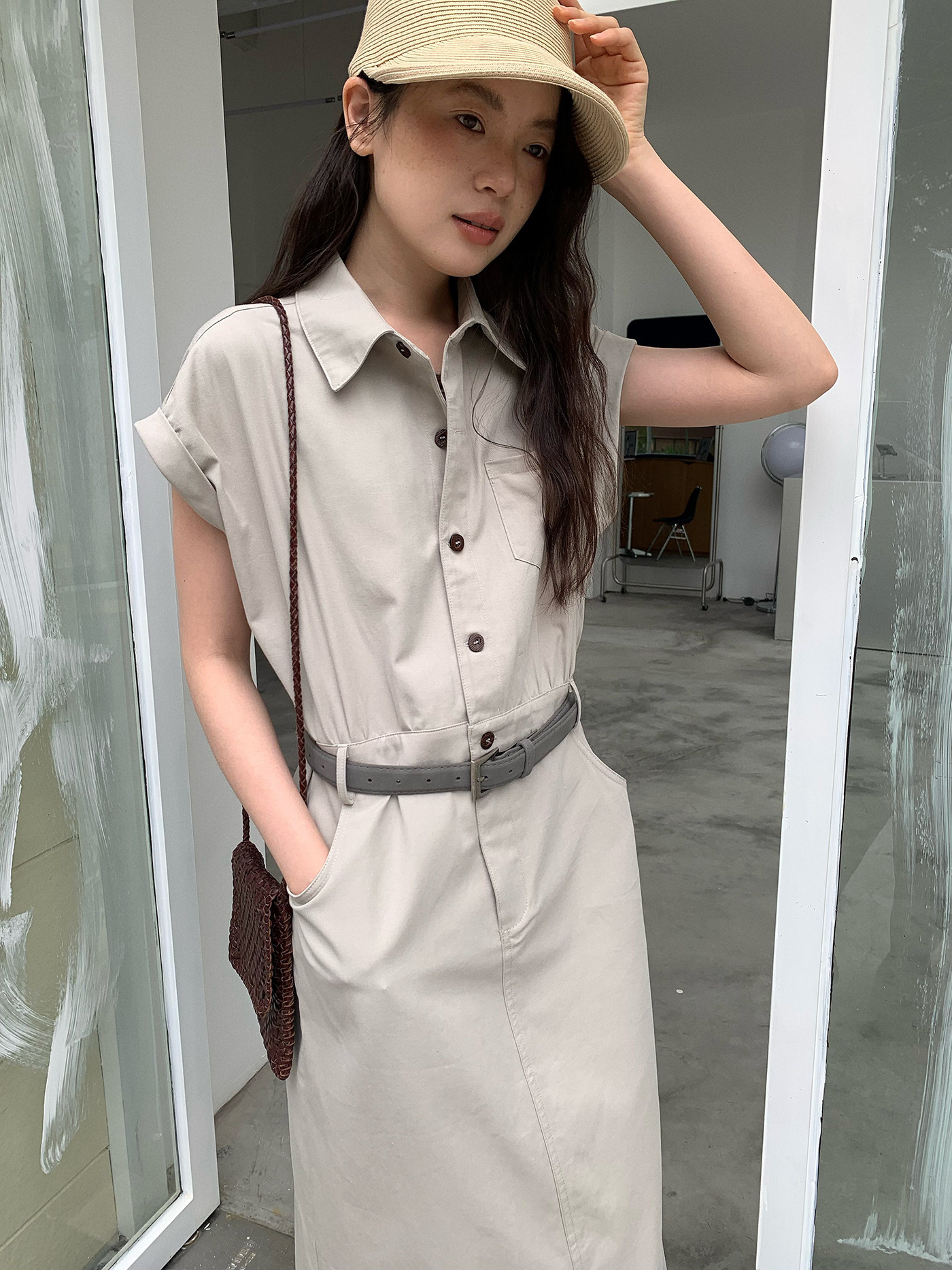 GY240 Flying sleeve waist mid-length style simple casual dress